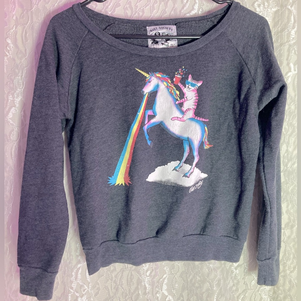 riot society Charcoal Sweatshirt with Rainbow Unicorn & Pink Cat Graphic